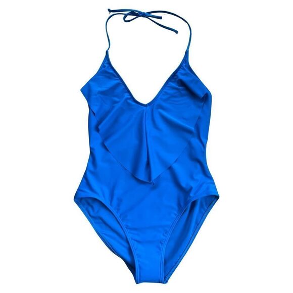 Sun and Sea | Blue Ruffle Halter One-Piece Women Small Swimsuit NWT - Picture 1 of 12